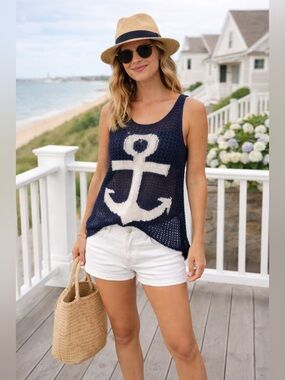 The Classic | Navy White Anchor Knit Top Coverup - Size S